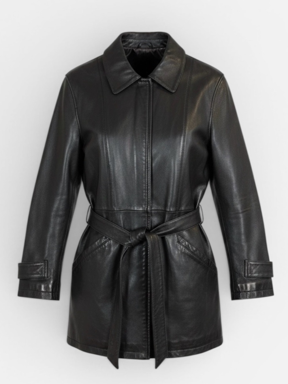 Women's Black Leather Belted Jacket